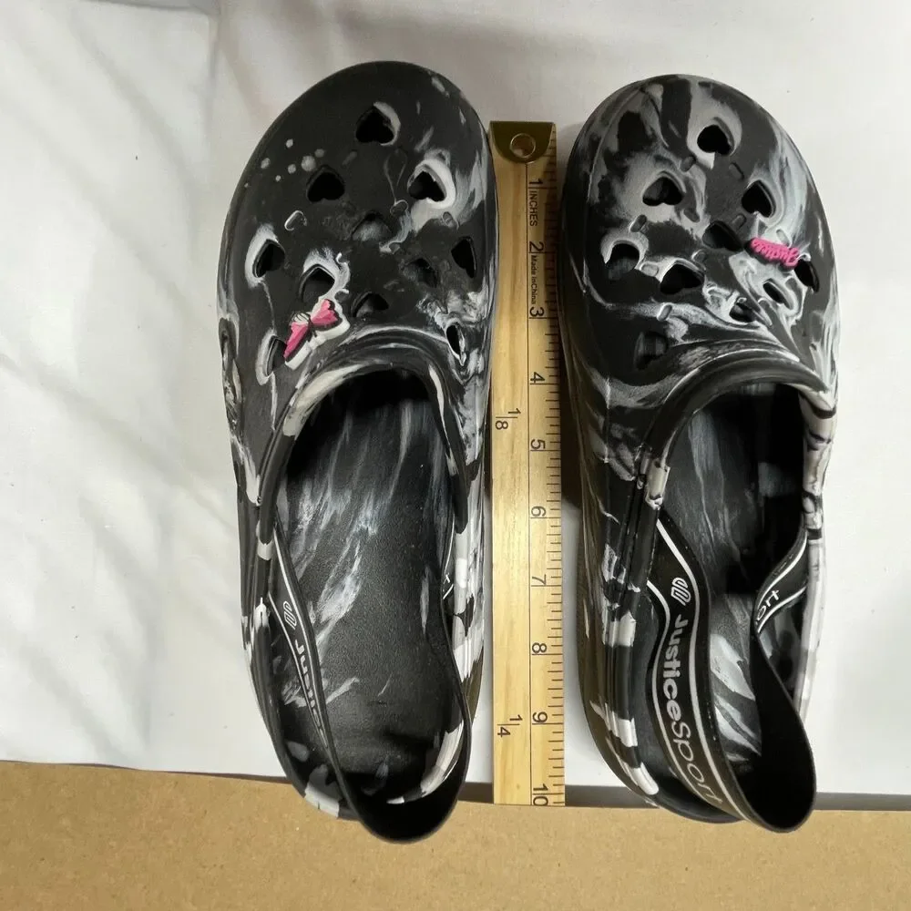 Justice Sport Marbled Heart Clogs Black White Slip-On Shoes Butterfly Charms